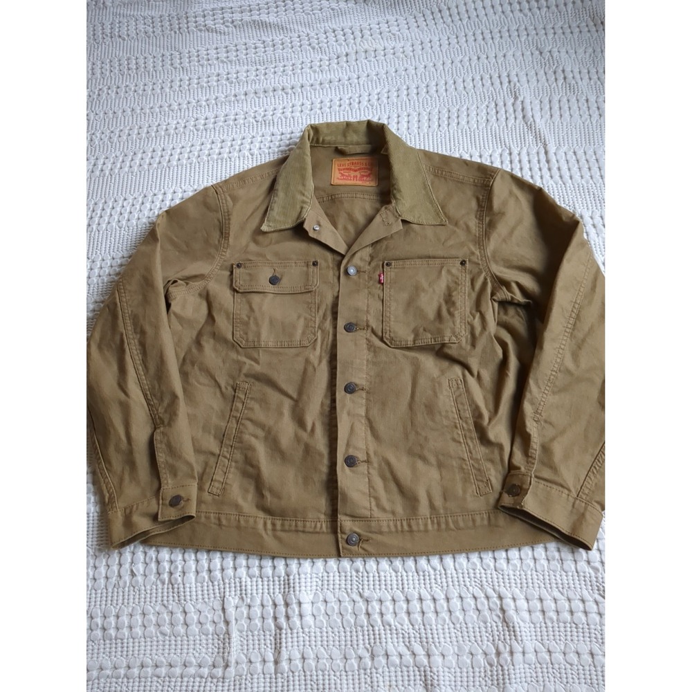 Levi's Canvas Trucker Jacket Corduroy Collar Chore Sz Large Tan Button Western